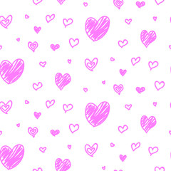 Seamless hand drawn valentine day hearts, pink wrapping paper pattern.