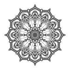 Monochrome geometrical vector mandala is isolated on a white background. Decorative element with east motives for design mehndi. Version of the page for colouring