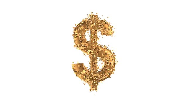 Fractured Gold Dollar value 3d model with disappearing effect. Financial crisis concept. Available in FullHD and HD video.