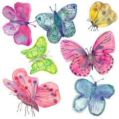 Watercolor pattern of bright colored butterflies isolated on a white background.