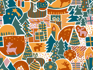 Christmas seamless vector background. Modern holiday pattern in teal, green, gold, pink. Reindeer, elk, Christmas ornaments