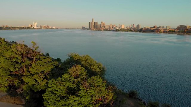 Great Aerial Shot Flying Over Trees Detroit Cityscape