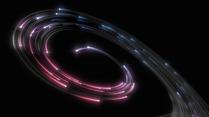 black strings with glowing pink and blue heads in dark. 3d illustration