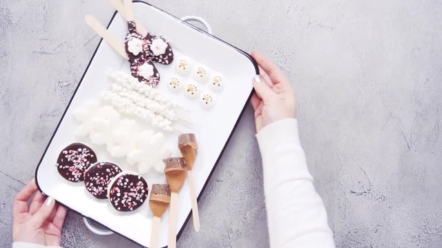 Flat lay. Hot chocolate station with variety of toppings.
