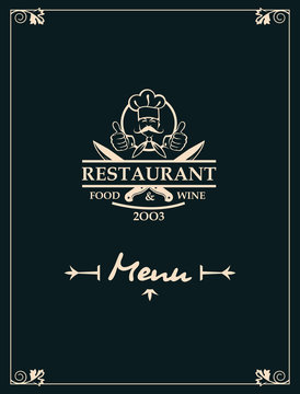 restaurant menu design with chef and crossed knives on black background