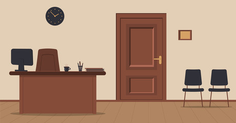 Workplace Secretary in the reception on a cream background. Vector illustration.Chairs for visitors, a Cup of coffee, a laptop, the door to the Director's office