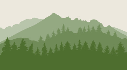 Trees (forest) on mountainous terrain silhouette. Vector illustration