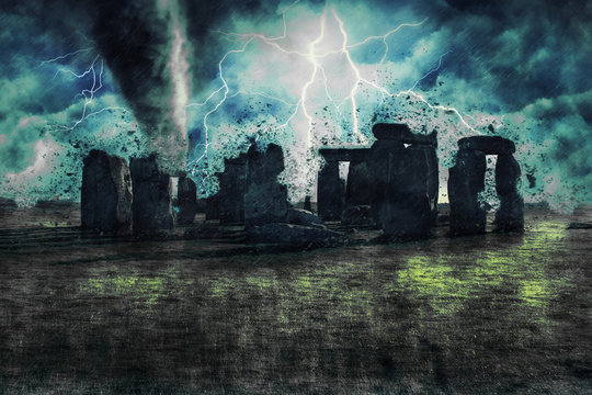 Stonehenge during the heavy storm, rain and lighting in England, creative picture