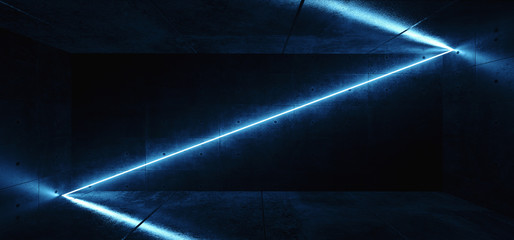 Sci Fi Modern Elegant Futuristic Neon Diagonal Blue Glowing Laser Neon Tube Line With Reflection On Grunge Concrete Dark Black Room Background 3D Rendering