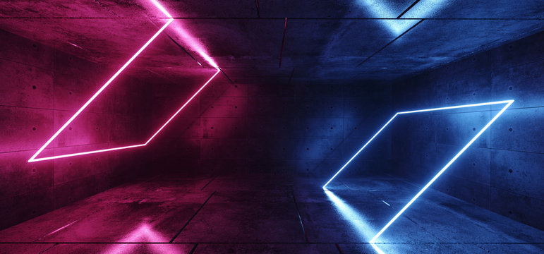 Sci Fi Neon Abstract Purple Blue Pink Glowing Rectangle Tube Shapes Lasers In Dark Empty Grunge Concrete Room Background Reflections 3D Rendering © IM_VISUALS