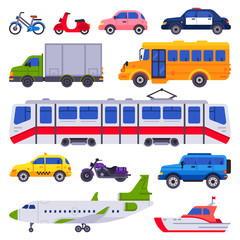 Public transport. Taxi car vehicle, city train and urban transporter isolated cars vector collection