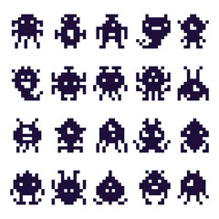 Pixel art invaders silhouette. Space invader monster game, pixels robots and retro arcade games isolated vector icons set - obrazy, fototapety, plakaty