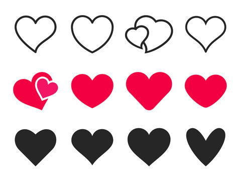 Love heart icon. Loving hearts, red like and lovely romance outline vector icons set