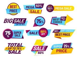 Sale tags. Retail sales stickers, promotion price label and store pricing banner sticker isolated vector set