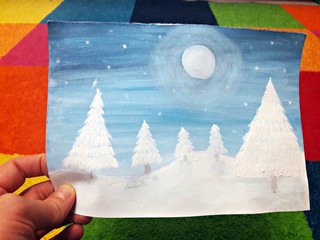 I painted a watercolor landscape: Winter night in the woods