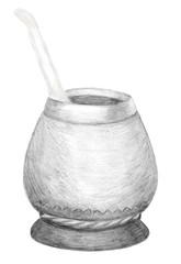 Calabash gourd and bombilla for Yerba Mate tea. Hand drawn graphics. Pencil sketch on white. Healthy coffeine drink, strong stimulator, herbal hot traditional beverage in  South America, Argentina.