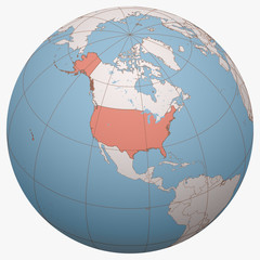 United States (US, USA) on the globe. Earth hemisphere centered at the location of the United States of America. United States map.