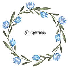 Fototapeta na wymiar watercolor wreath whith blue flowers