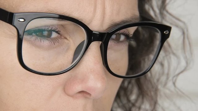 Sad eyes of a woman with glasses. Eyes in glasses of a sad female.