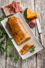 strudel puff pastry with parma ham and pumkin