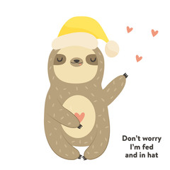 Funny cute sloth in hat. Postcard, poster, invitation design.