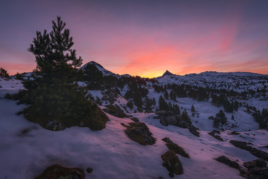 Anie peak over Larra plateau covered by snow