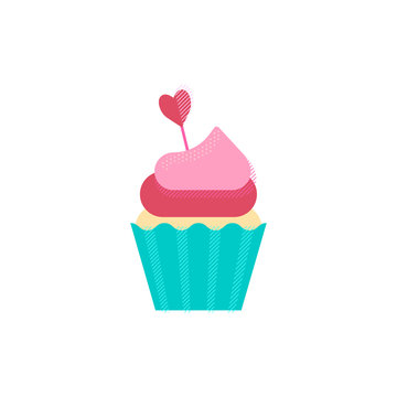 Sweet cup cake - symbol of love for valentine day. Flat vector.