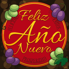 Button with Twelve Delicious Grapes for New Year in Spanish, Vector Illustration