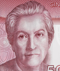 Gabriela Mistral portrait on Chile 5000 peso banknote close up. Chilean poet, 1945 Literature Nobel...