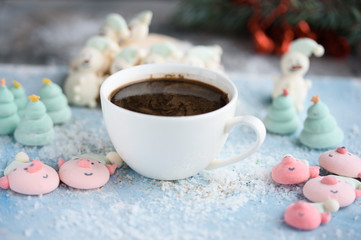 Tasty and beautiful marshmallows in the form of: Christmas trees, muzzles of pigs, snowmen,