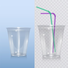 Realistic plastic cup for milkshake and lemonade and smoothie. Vector eps 10 Illustration on transparent background.
