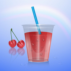 Fruit smoothies mockup, smoothie cup isolated on transparent background, 3d illustration. Realistic plastic Cup with cherry smoothie, vector illustration