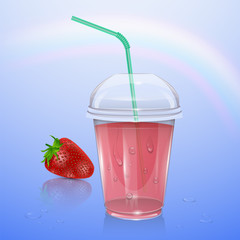 Juice mockup, smoothie cup isolated on transparent background, 3d illustration. Realistic plastic Cup with strawberry juice, vector illustration