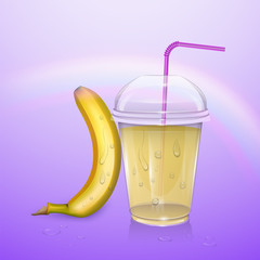 Realistic banana juice in a plastic Cup. Vector illustration with banana and Cup of juice