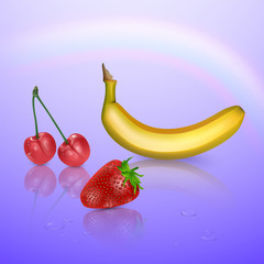 Realistic vector illustration with banana, strawberry and cherry on colorful background, 3D illustration