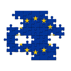 EU Crisis Concept: Incomplete EU Flag Jigsaw Puzzle With Missing Pieces, 3d illustration Against A White Background