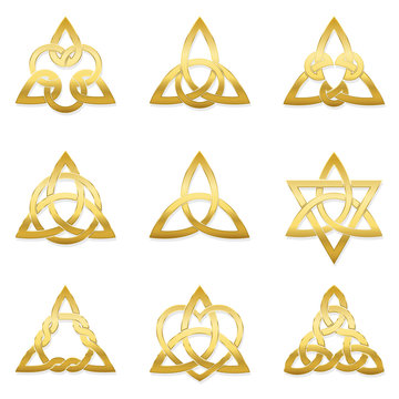 Celtic triangle knots. Nine golden symbols used for decoration or golden pendants. Varieties of endless basket weave knots.
