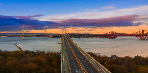 Three bridges, Forth railway Bridge, Forth Road Bridge and Queensferry Crossing, over Firth of...