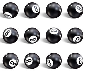 Eight Ball. Set of realistic 8 ball. Isolated on a white background. Vector illustration billiards.