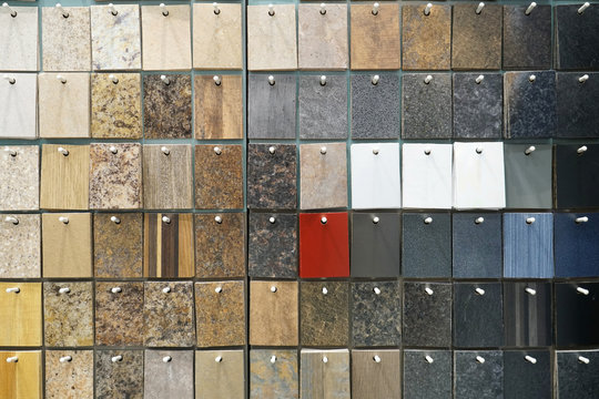 hanging granite color and pattern sample cards in the store