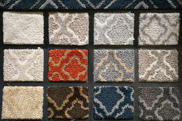 Colorful carpet samples in the store