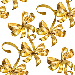 Seamless pattern with watercolor gold bow on a white background
