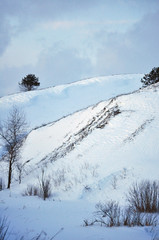Winter landscape with trees on the slopes of the ravine. Evening serene picturesque view of Ukraine.