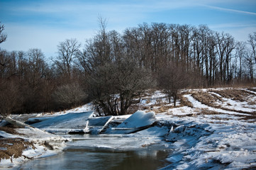 Sheets of ice on a creek in winter