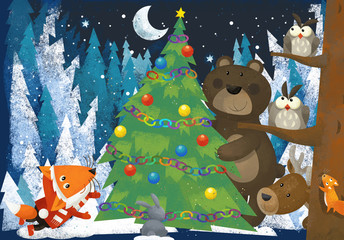 Fototapeta na wymiar winter scene with forest animals reindeers bear and fox near christmas tree - traditional scene - illustration for children