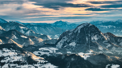 Beautiful alpine winter sunrise at the Rossfeldstrasse-Berchtesgaden-Bavaria-Germany