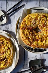 pizza on wooden table