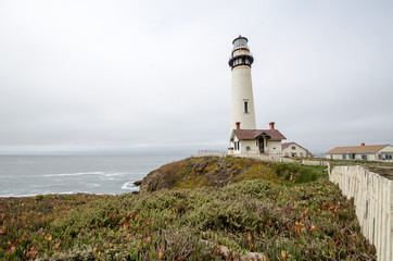 Fototapeta na wymiar Pigeon Point Lighthouse on California central coast on an overcast foggy morning in the summer.