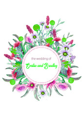 Wedding round frame of wild flowers. Watercolor. Flower arrangement. Greeting card template design. Invitation background. Vertical orientation