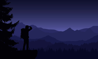 Illustration of night mountain landscape with coniferous forest and tourist under purple sky, vector